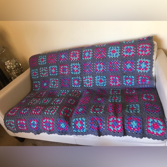 Handmade Crochet Blanket Throw Quilted Gray Pink Blue Colorful 6x5”